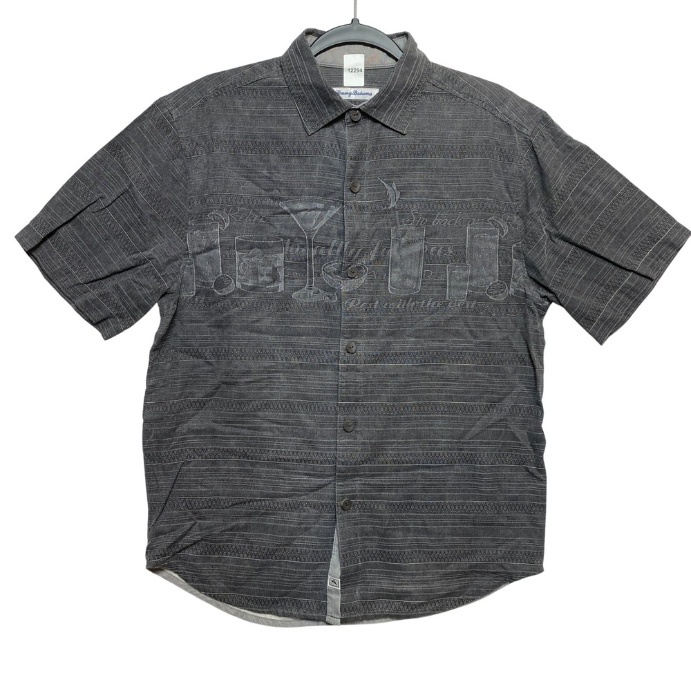 Tommy Bahama Shirt Mens S Grey Cocktail Embroidered Camp Stripe Button Down